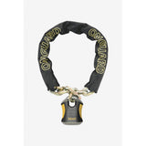 OnGuard Beast 12mm titanium-reinforced chain lock in black and yellow, 110cm, with protective covering and sturdy locking mechanism.