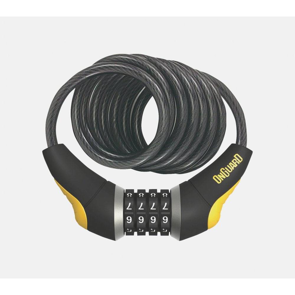 Black OnGuard Doberman 10mm x 185cm combo cable lock with mounting bracket for bike security and theft prevention.