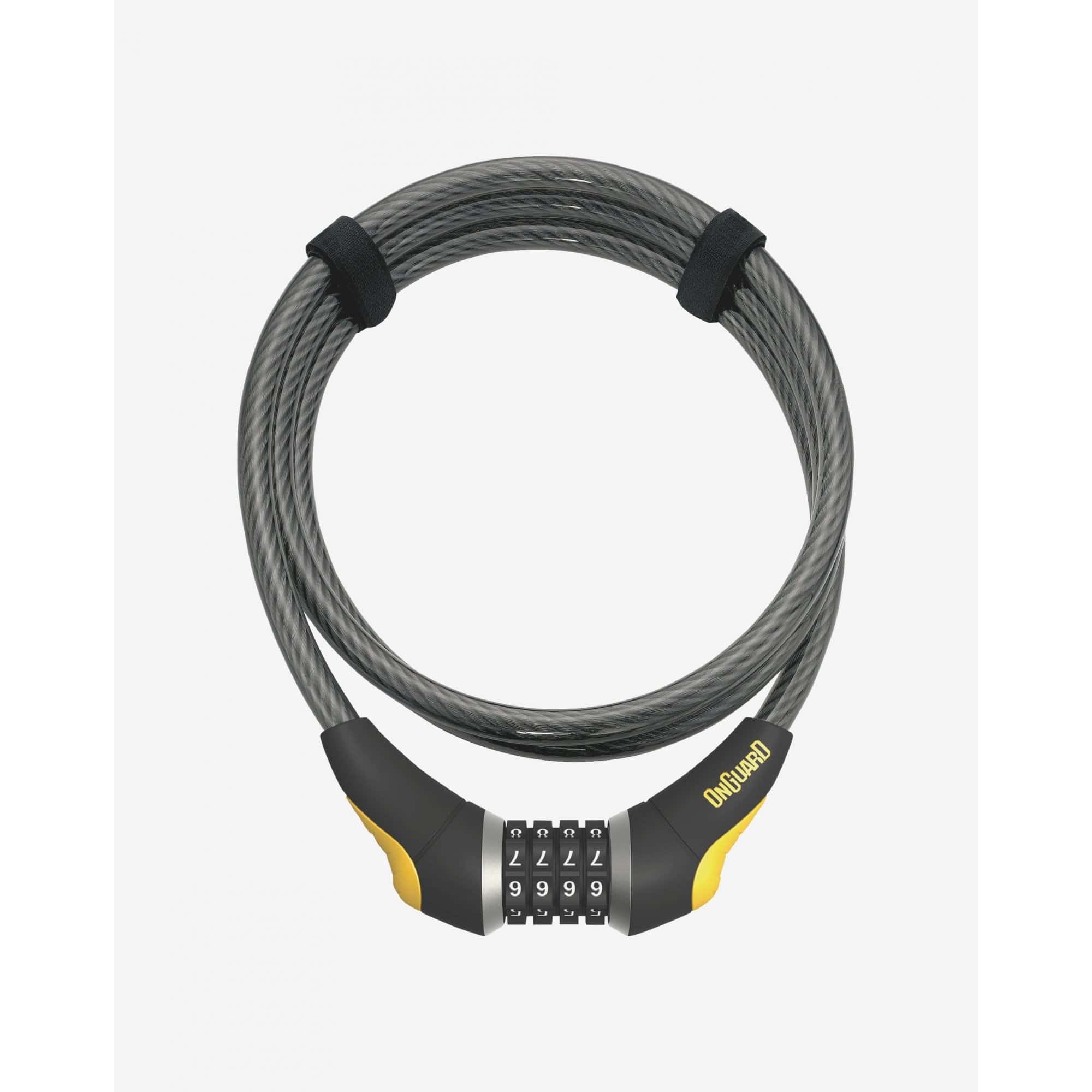 OnGuard Akita 10mm combo bike cable lock in black, 185cm length, with secure locking mechanism and protective coating.
