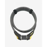 Black OnGuard Akita 10mm combo bike cable lock, 185cm length, with keyless combination mechanism and protective vinyl coating.