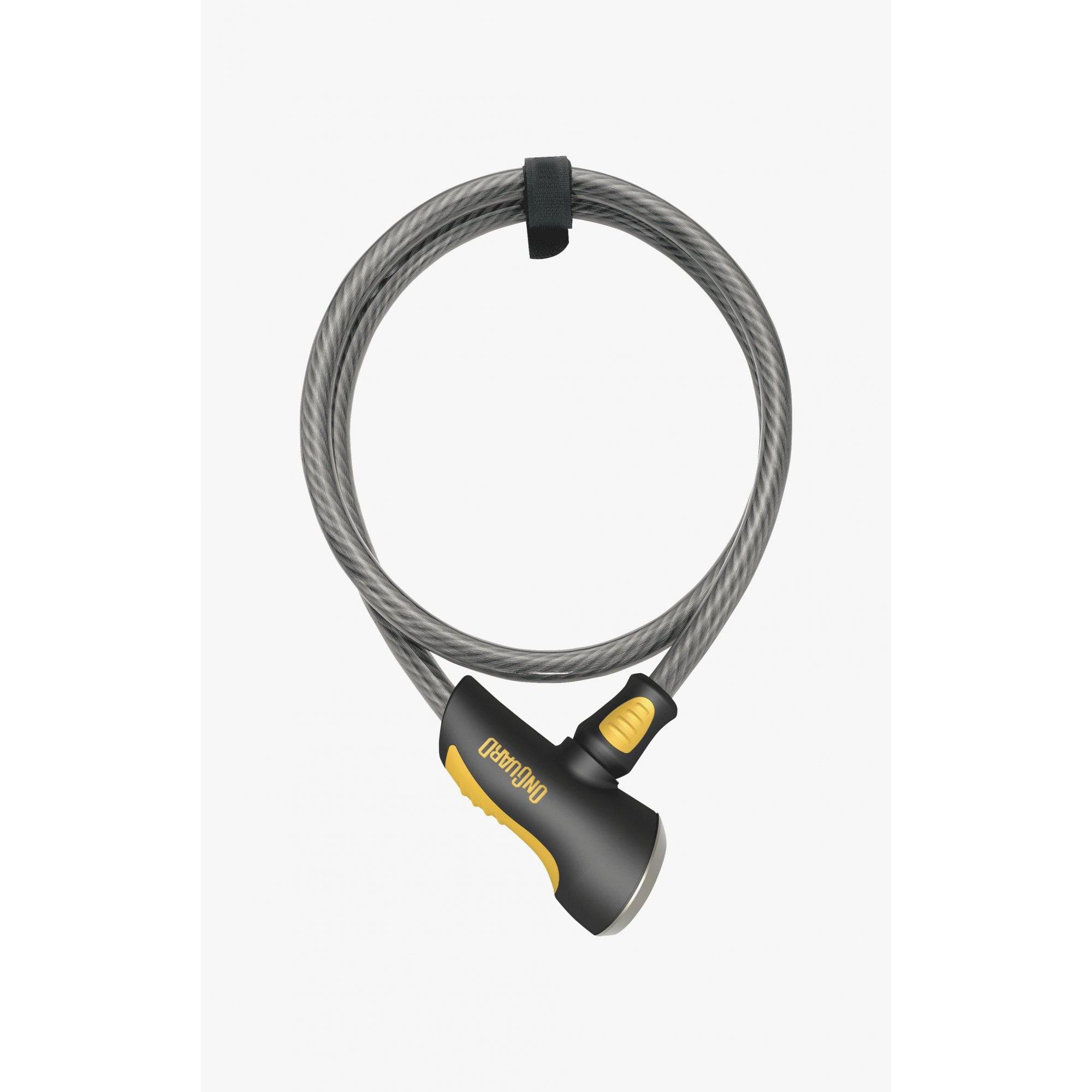 OnGuard Akita 12mm black and yellow cable lock with bump-proof security, 185cm length, suitable for bicycle or scooter security.
