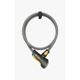 OnGuard Akita 12mm black and yellow cable lock with bump-proof security, 185cm length, suitable for bicycle or scooter security.