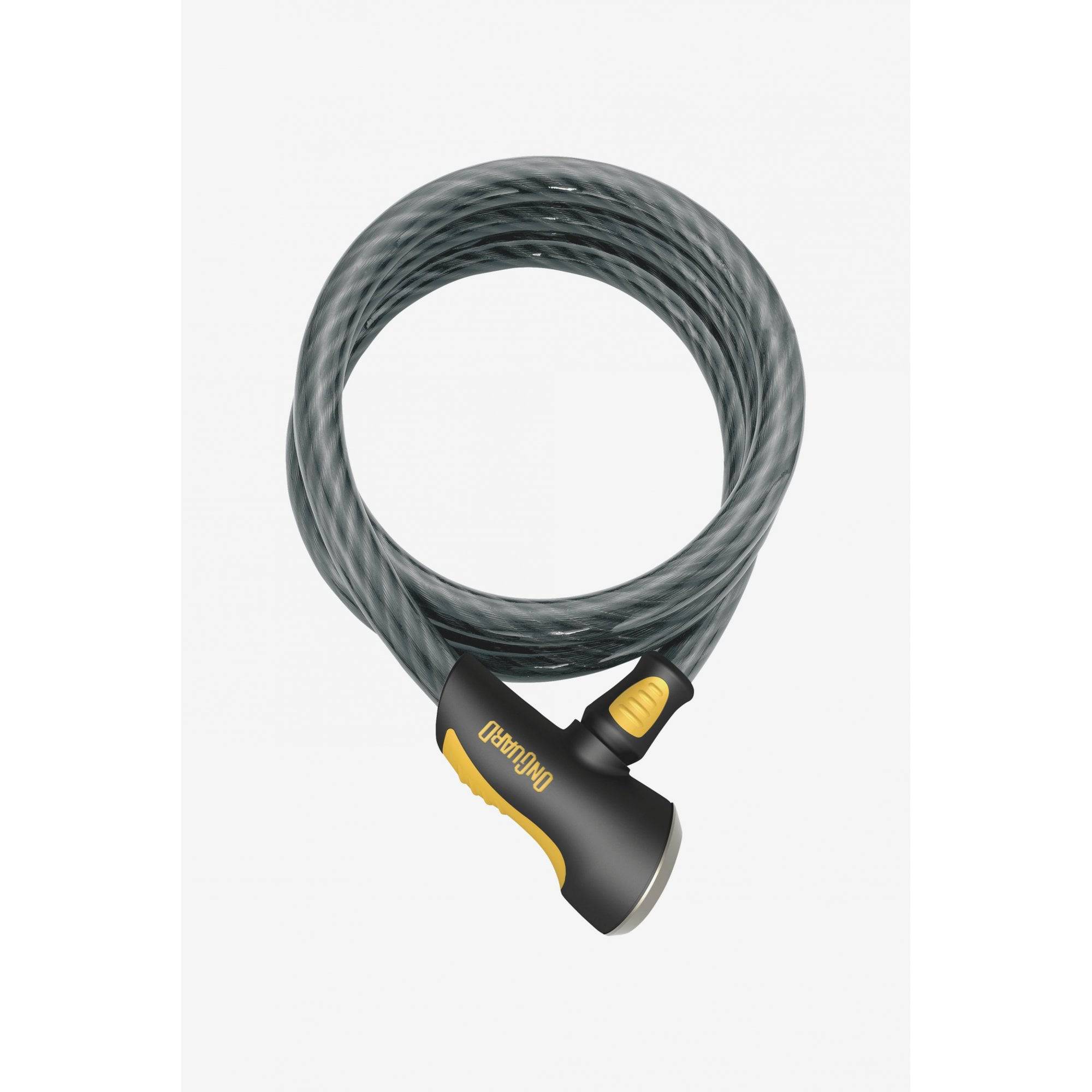 OnGuard Akita 20mm cable lock in black and yellow, 185cm heavy-duty bike security accessory, coiled with key lock mechanism.