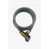 OnGuard Akita 20mm cable lock in black and yellow, 185cm heavy-duty bike security accessory, coiled with key lock mechanism.
