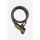 OnGuard Rottweiler cable lock in black and yellow with LED key, 100cm, featuring double bolt security for bike or equipment security.