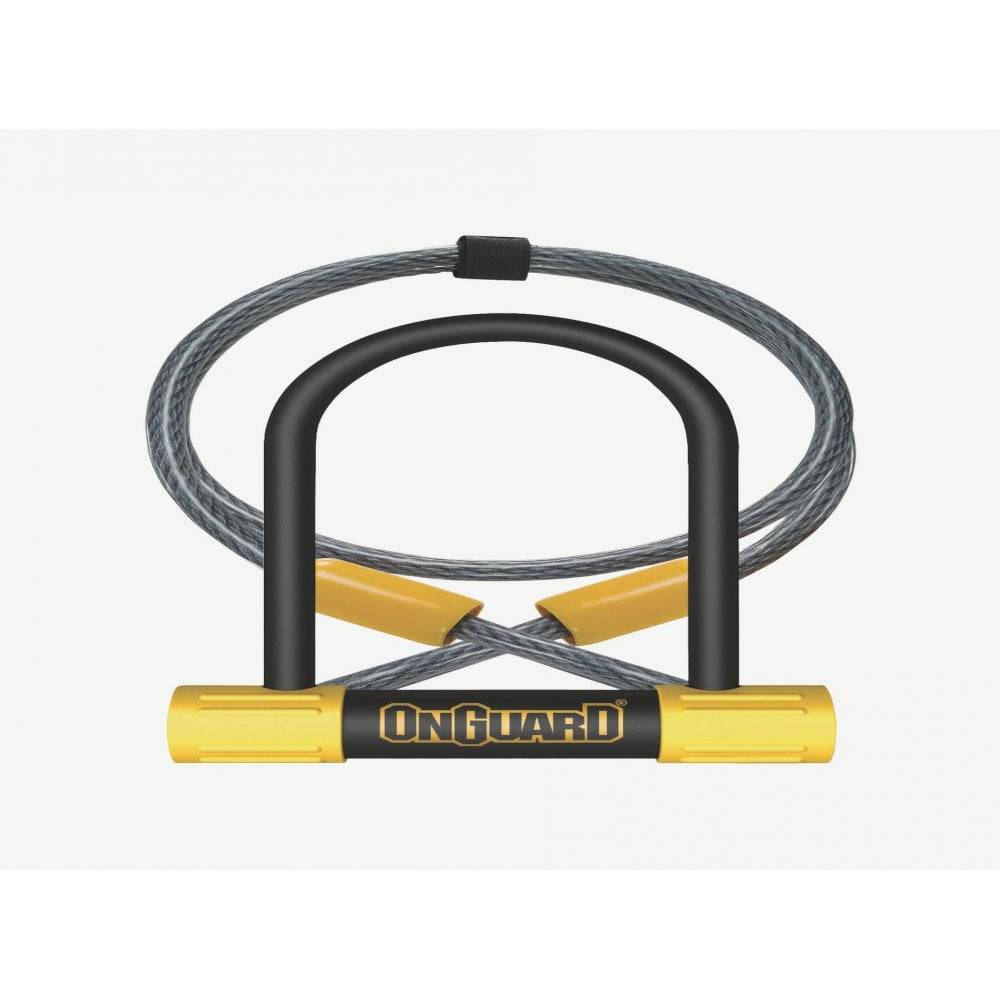 OnGuard Bulldog Mini DT bike lock in black and yellow, 140mm x 90mm with double bolt security and accessories.