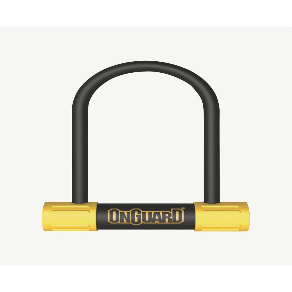 OnGuard Bulldog Mini bike lock in black and yellow with double bolt security, 140mm x 90mm, accessory for bike safety.