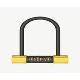 OnGuard Bulldog Mini bike lock in black and yellow with double bolt security, 140mm x 90mm, accessory for bike security.