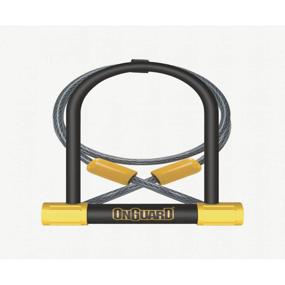 OnGuard Bulldog DT U-lock in black and yellow with LED key, 230mm x 115mm, durable bike lock accessory for security.
