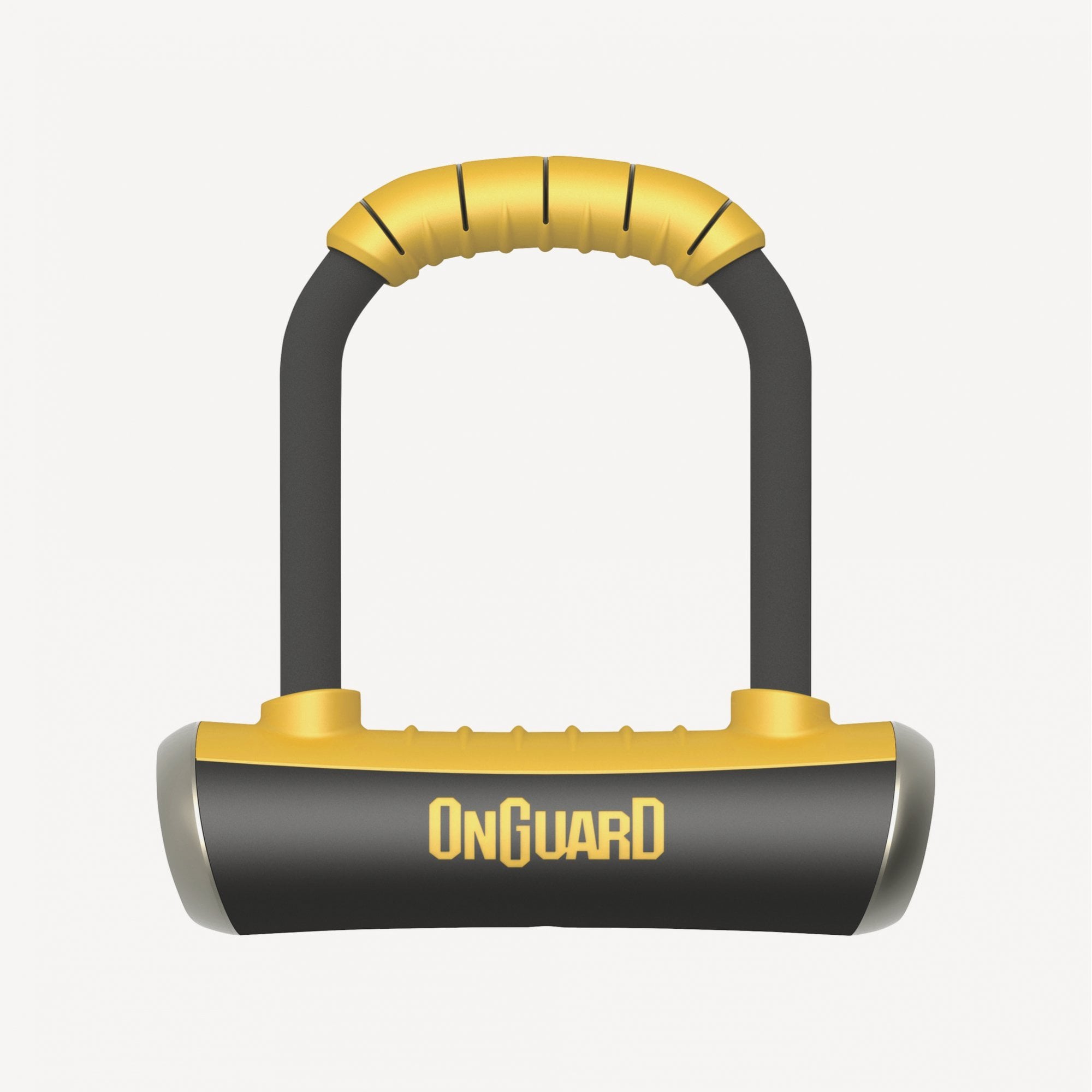 OnGuard Pitbull Mini bike lock in black and yellow with 140mm shackle, secured by Design, featuring a diamond pattern.