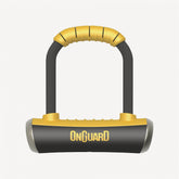 OnGuard Pitbull Mini bike lock in black and yellow with 140mm shackle, secured by Design, featuring a diamond pattern.