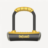 OnGuard Pitbull Mini bike lock in black and yellow with 140mm shackle, secured by Design, featuring a diamond pattern.