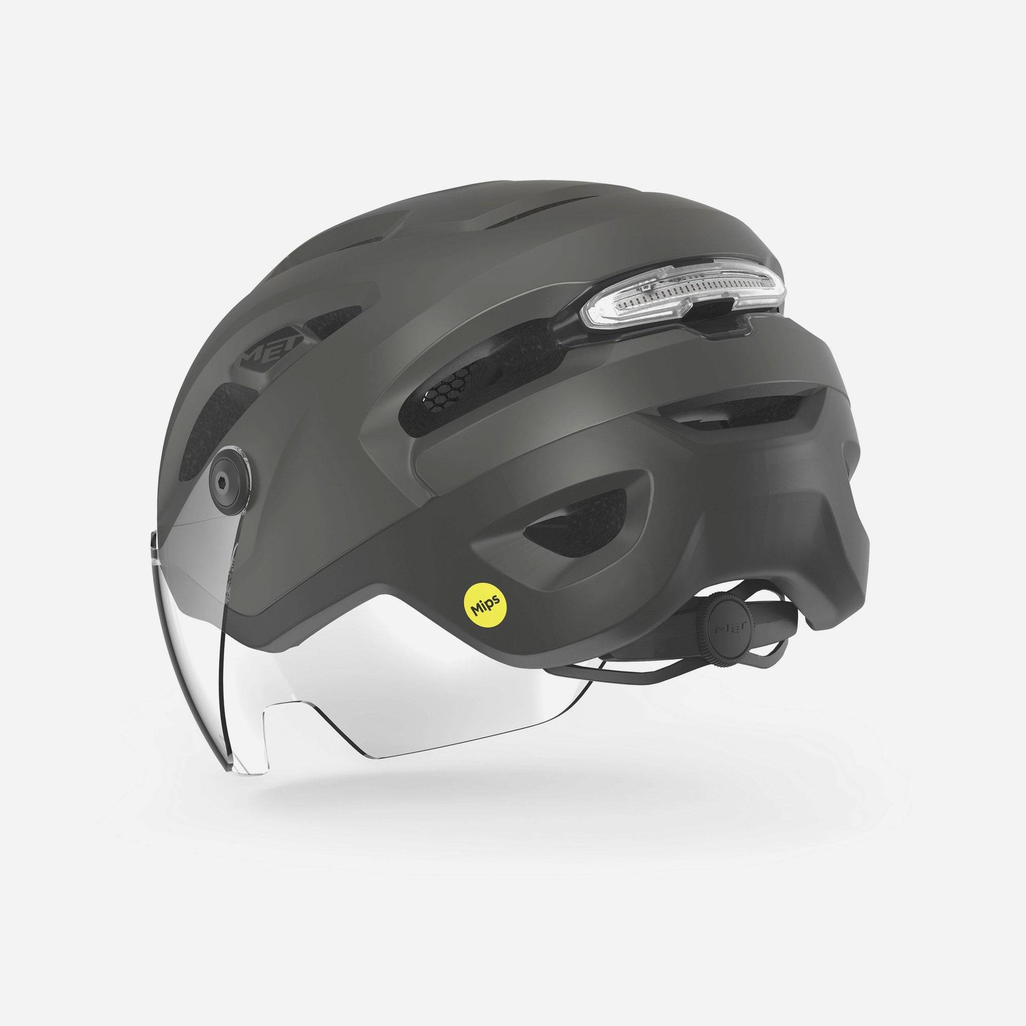 MET Intercity MIPS helmet with adjustable visor, LED light and NTA 8776 safety certification, designed for cycling safety.