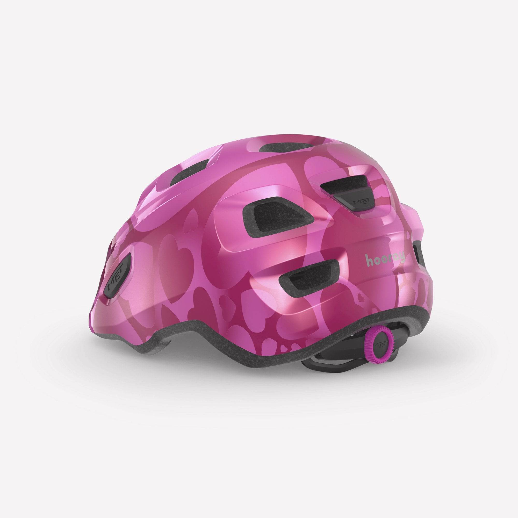 MET Hooray toddler helmet with adjustable fit, ventilation, and safety features, shown in a bright, colorful design.