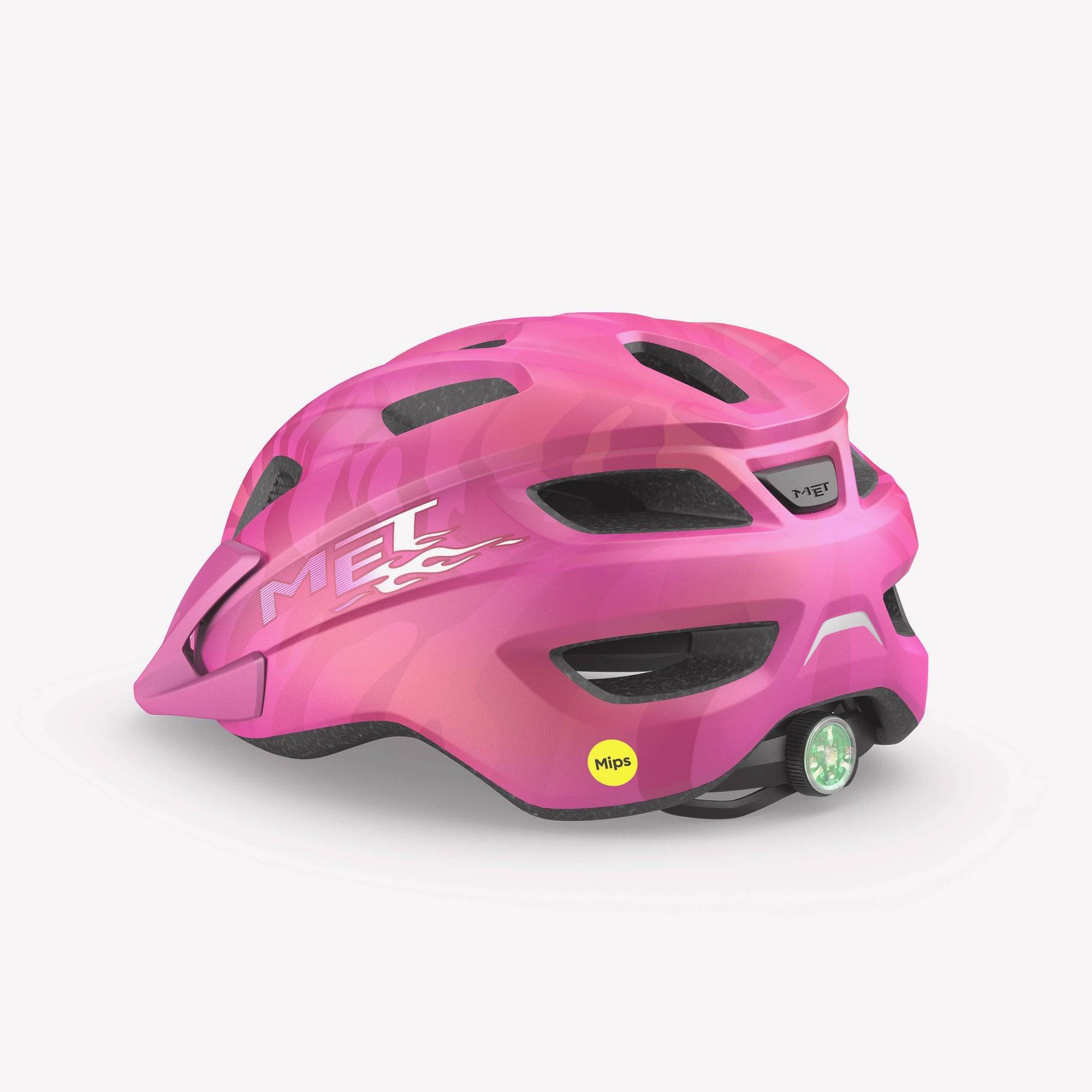 Kids MET Crackerjack MIPS helmet with rear LED light and extended protection, featuring adjustable straps and vented design.