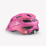 Kids MET Crackerjack MIPS helmet with rear LED light and extended protection, featuring adjustable straps and vented design.