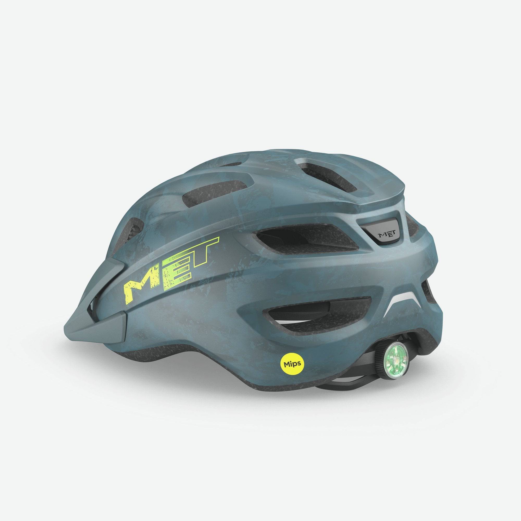 Kids MET Crackerjack MIPS helmet with rear LED light and extended protection, shown in bright colors on a child model.