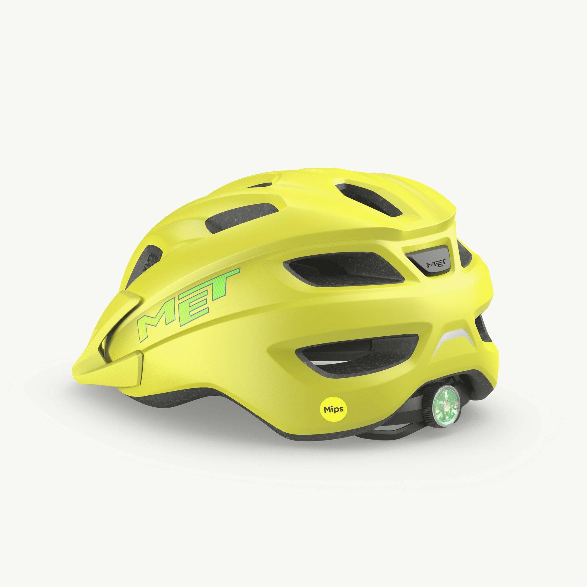 Kids MET Crackerjack MIPS helmet with rear LED light and extended protection, showing the helmet's design and safety features.
