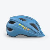 Kids wearing MET Crackerjack MIPS helmet with rear LED light and extended protection, featuring adjustable straps and ventilation.