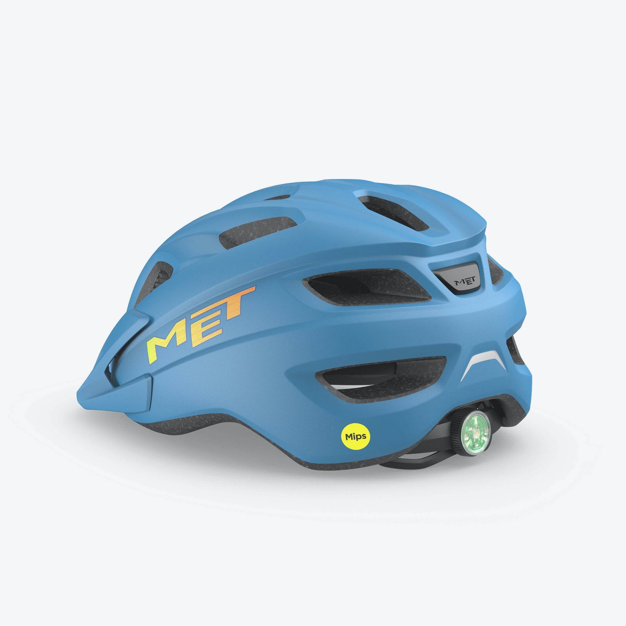 Kids MET Crackerjack MIPS helmet with rear LED light and extended protection, featuring adjustable straps and bright ventilation design.