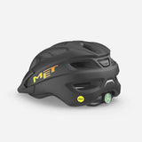 Kids MET Crackerjack MIPS helmet with rear LED light, extended protection, and adjustable straps for safe cycling.