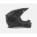 Bluegrass Intox full-face helmet with ASTM-certified chin guard for downhill and BMX riding, shown in blue with ventilation details.