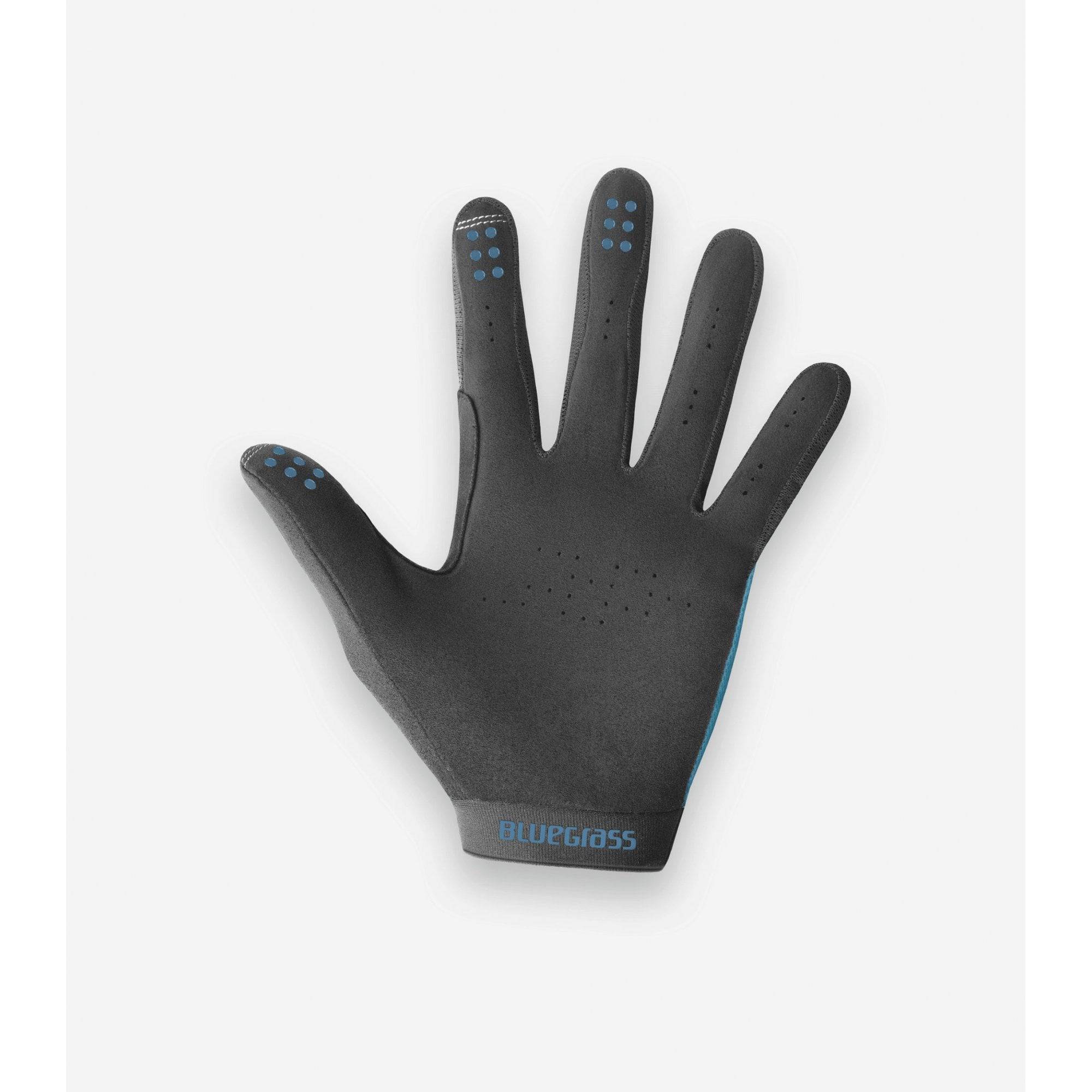 Bluegrass Union mountain biking gloves in blue with touchscreen fingertips and enhanced grip for secure handling.