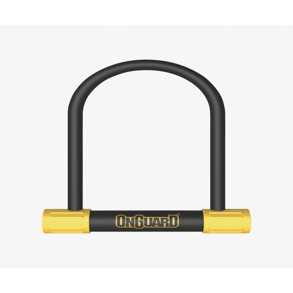 OnGuard Bulldog D-Lock with double bolt security features, LED key light, and sturdy metal construction for bicycle security.
