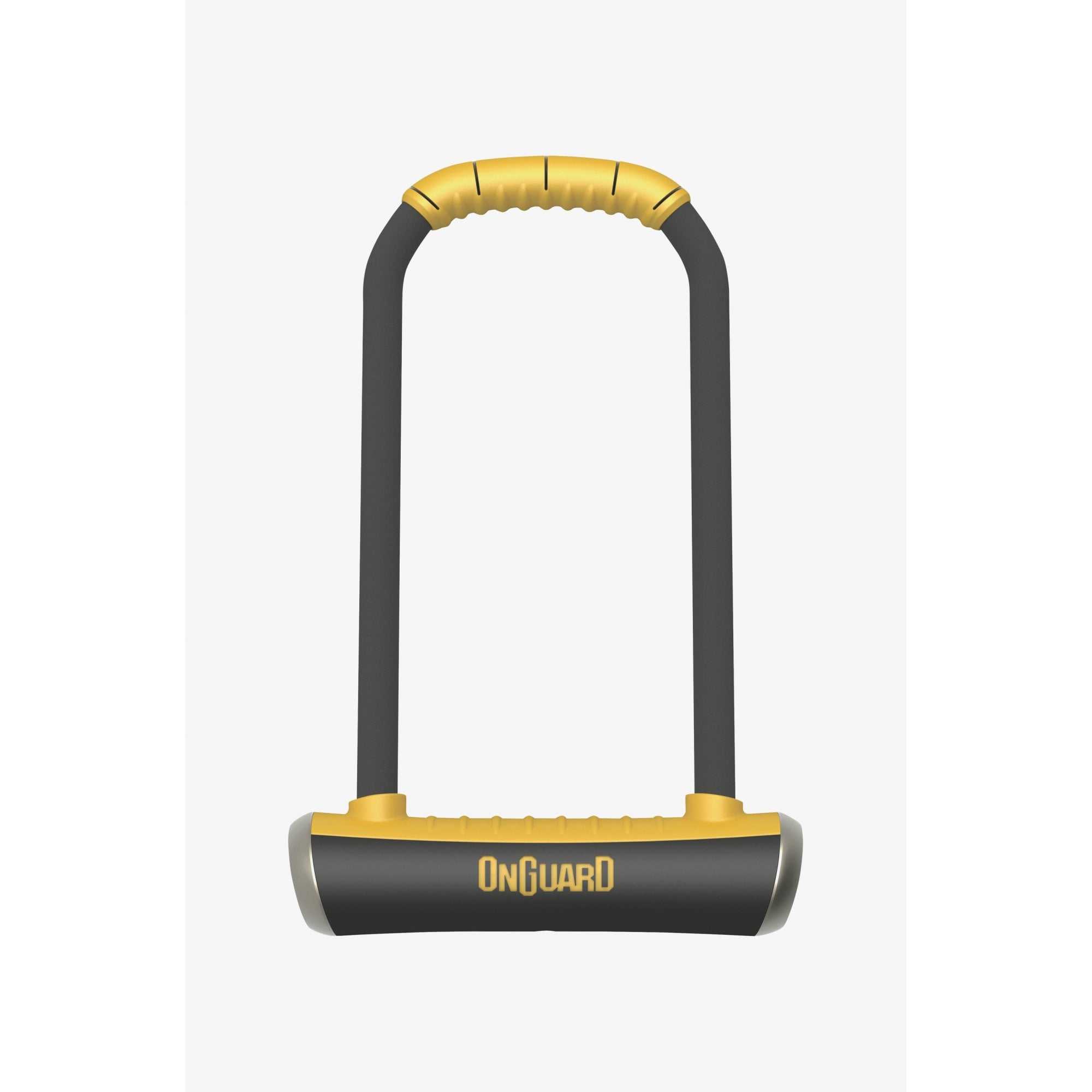 OnGuard D-Lock by Pitbull Locks with X4P Quattro 14mm hardened steel shackle for bike security, shown with lock and key components.