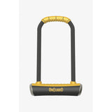 OnGuard D-Lock by Pitbull Locks with X4P Quattro 14mm hardened steel shackle for bike security, shown with lock and key components.