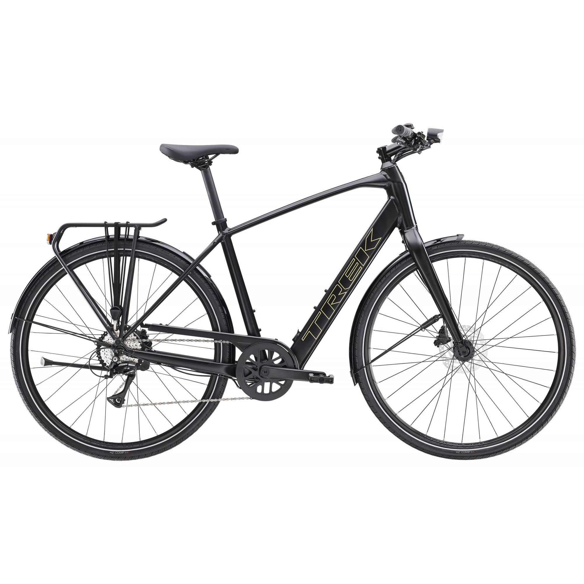 Trek FX+ 2 LT e-hybrid commuter bike with pedal-assist, front rack, and disc brakes, perfect for urban riding.
