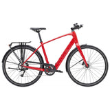 Trek FX+ 2 LT electric hybrid commuter bike with pedal-assist, rear rack, and disc brakes, ready for city riding.