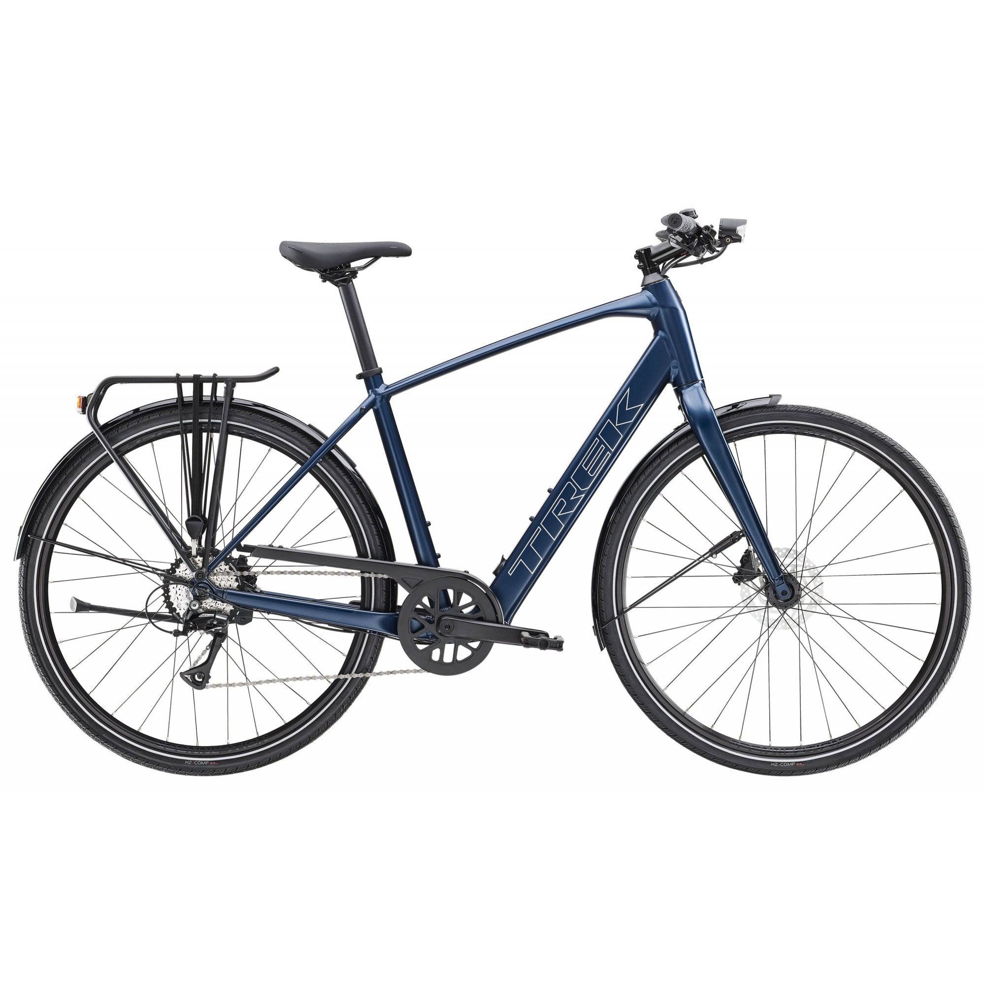 Trek FX+ 2 LT e-hybrid commuter bike with pedal assist, rear rack, and disc brakes, ideal for city riding and commuting.