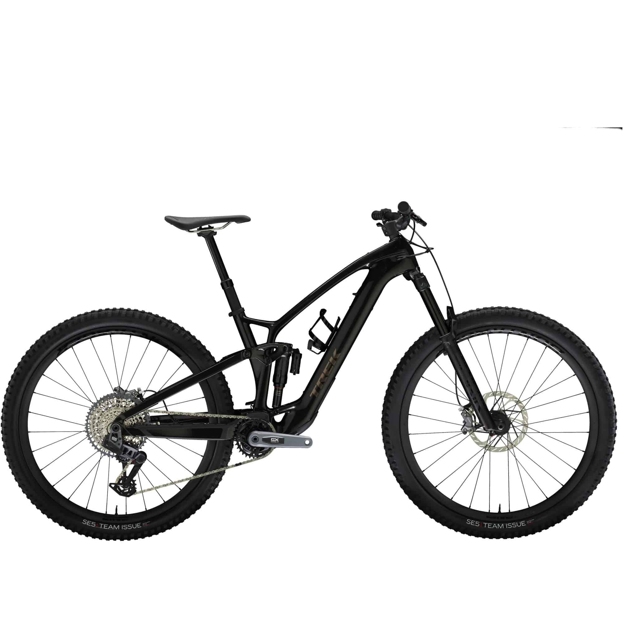 Trek Fuel EXe 9.8 GX AXS T-Type 29er e-Mountain Bike with SRAM wireless shifting on rugged trail terrain