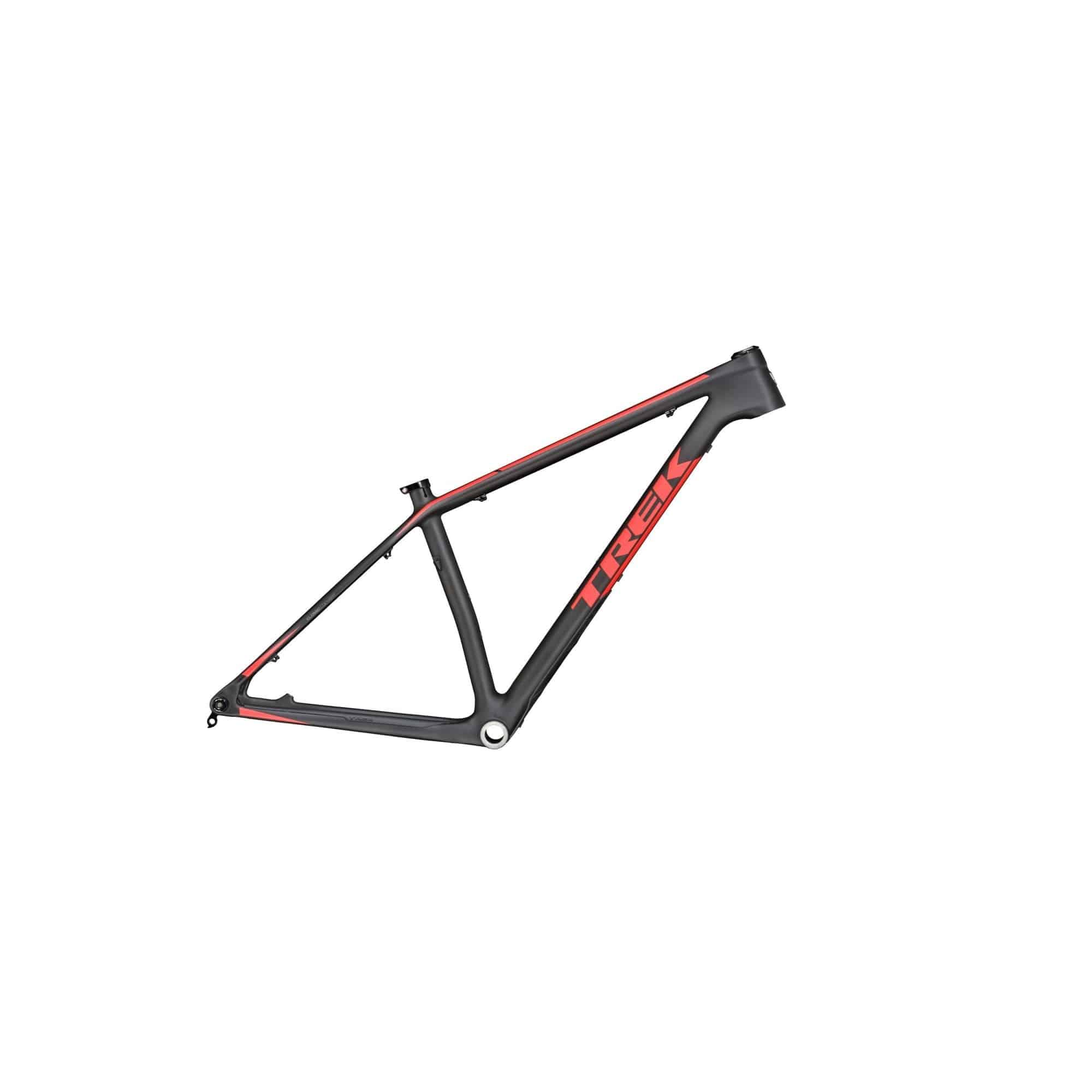 Trek 2019 MTB frame with G2 geometry for 29-inch wheels, mountain bike components, black and silver frame with technical details