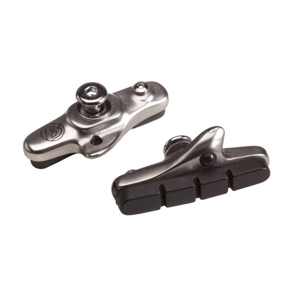 Pair of Bontrager road brake pad cartridges in black and grey for Shimano bikes, made with durable compound for reliable braking.