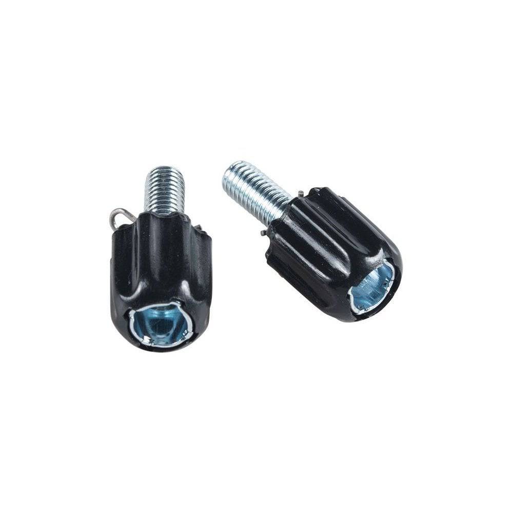 Trek black barrel adjusters for downtube brake cables, used for fine-tuning bike brake tension, component for bicycle maintenance.