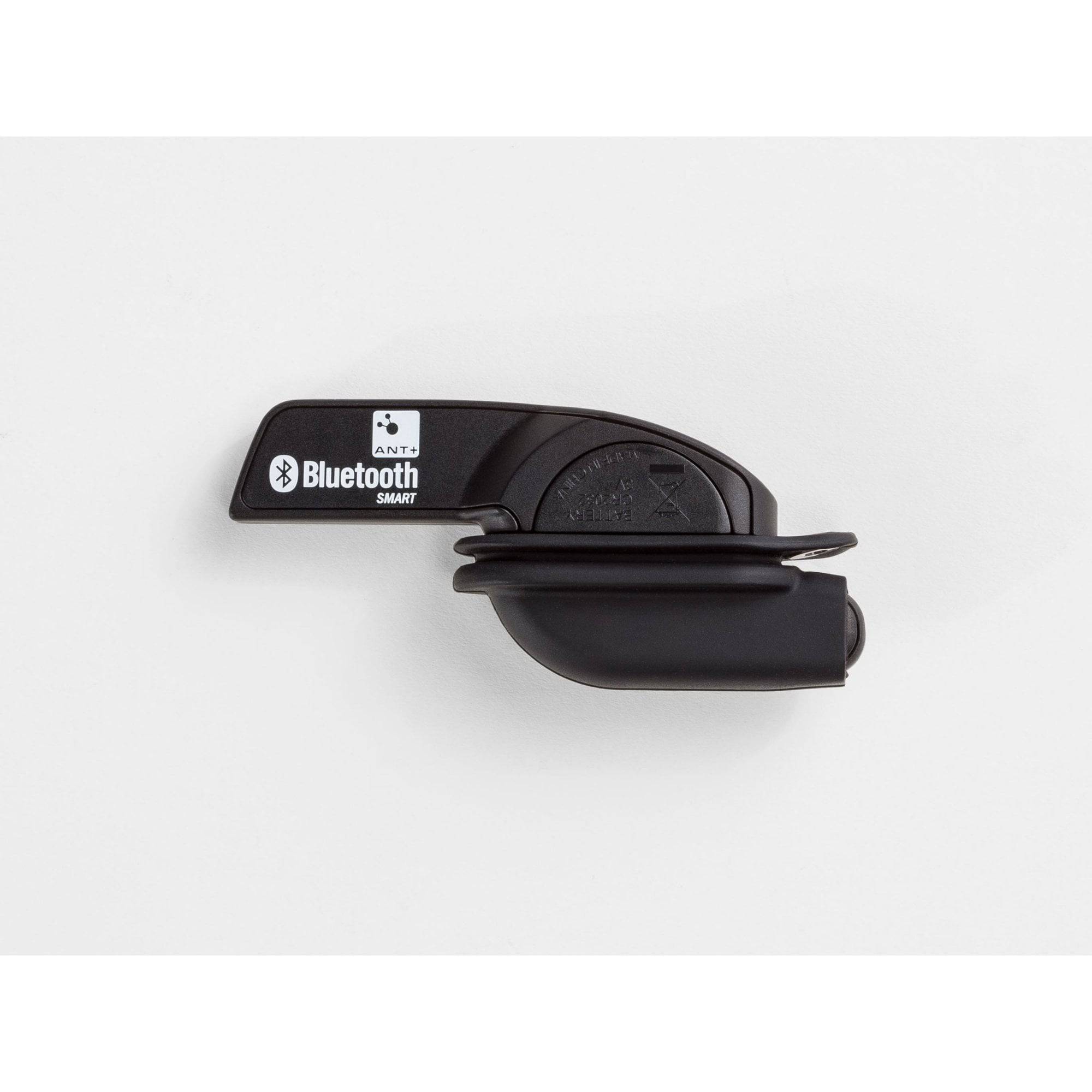 Black Bontrager DuoTrap S wireless speed and cadence sensor, compact cycling accessory for bike performance monitoring.