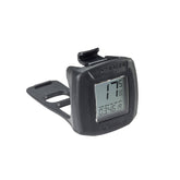 Bontrager GOtime wireless cycling computer showing speed, distance, and time display on a black device attached to bike handlebars.