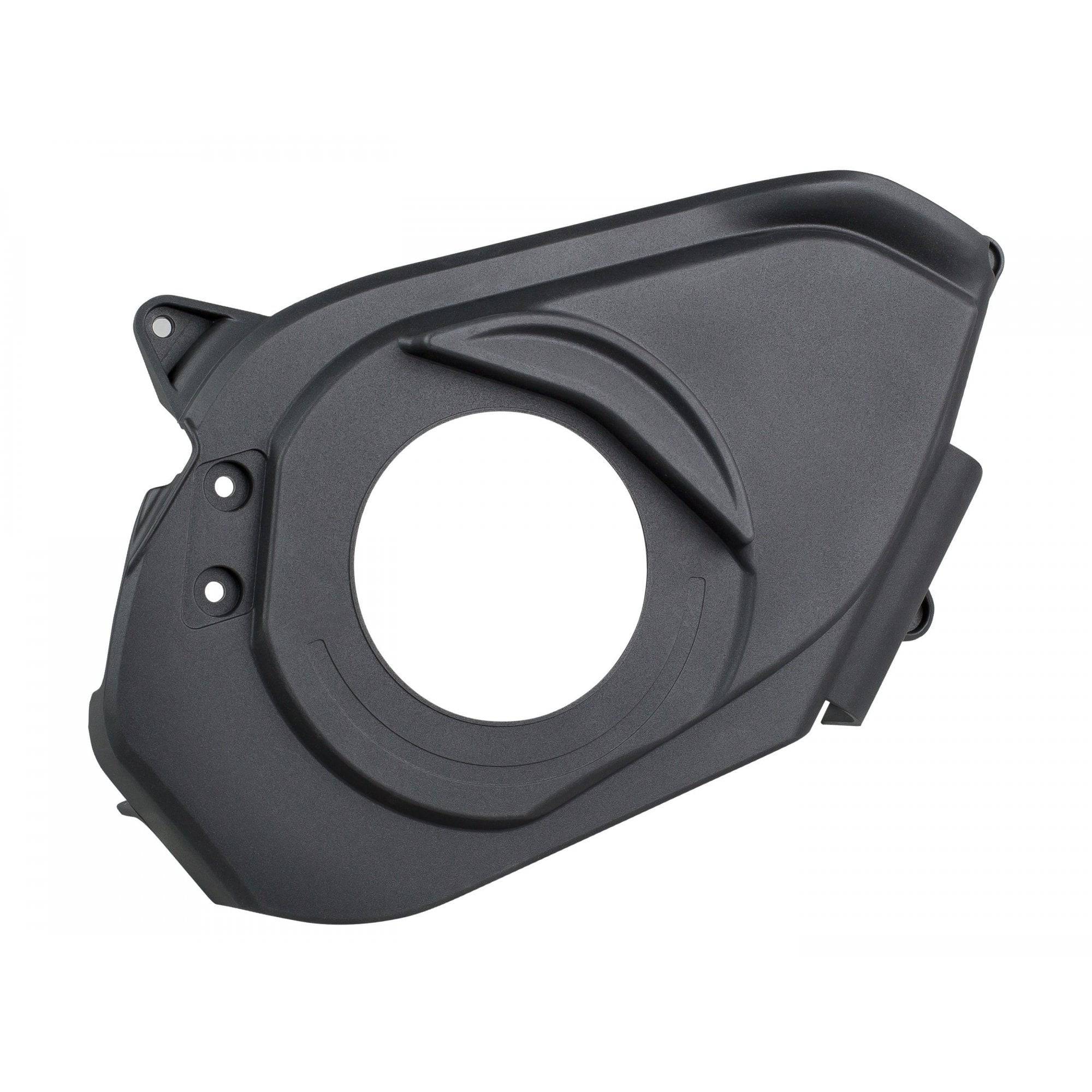 Black Trek Powerfly 2018 e-MTB drive-side motor cover, protective component for Trek electric mountain bikes.