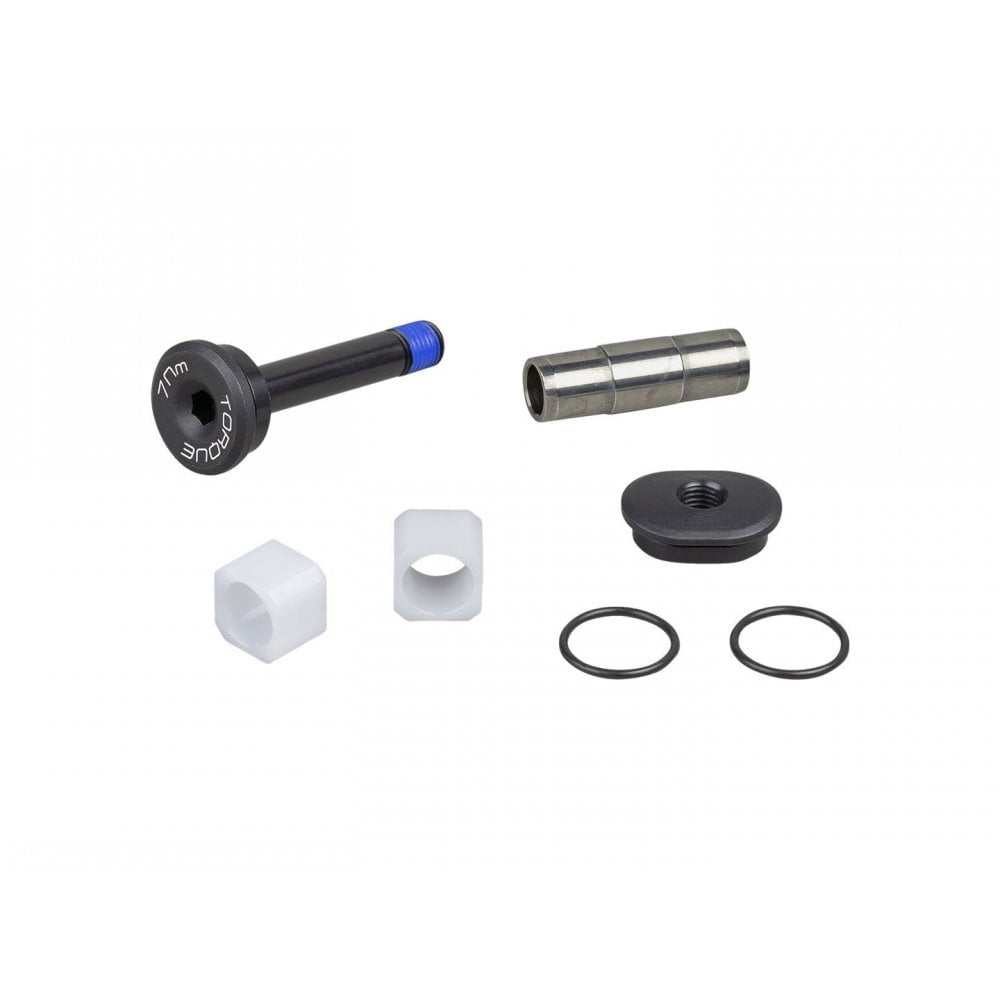 Trek Supercaliber 29 mid-strut anti-rotation hardware kit for suspension upgrade, showing metal components and mounting parts.