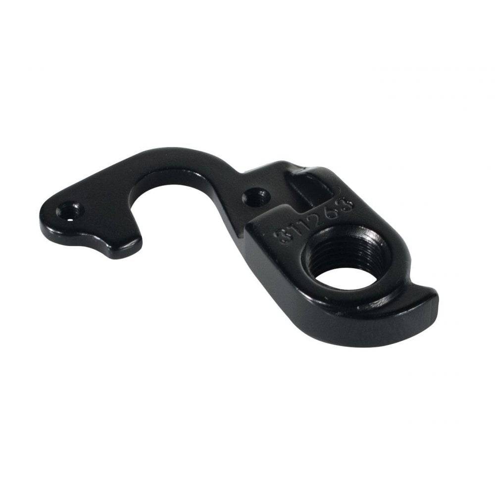 Black Trek Madone Gen3 rear derailleur hanger, 135mm quick release, rear drive side bicycle component on black background.