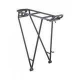 Trek matte black rear bike rack for 700c wheels, lightweight bike carrier accessory mounted on a bicycle.