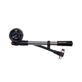 Bontrager shock pump with gauge for front forks and rear shocks, black and grey, used to adjust suspension pressure.