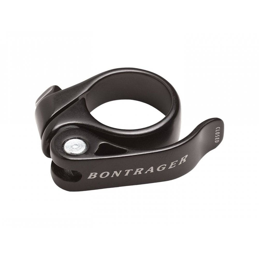 Bontrager quick release seatpost clamp with laser-etched torque guide, showing the clamp and adjustable mechanism.
