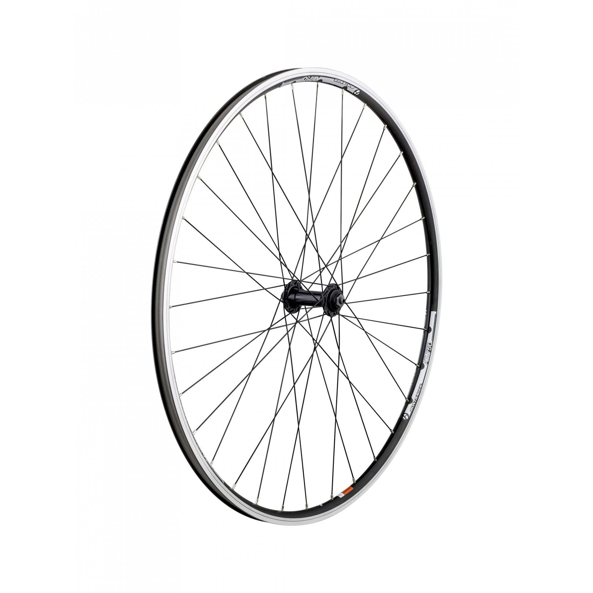 Bontrager AT-750 quick-release front hybrid wheel in black with 700c size and no cassette, suitable for bike components.