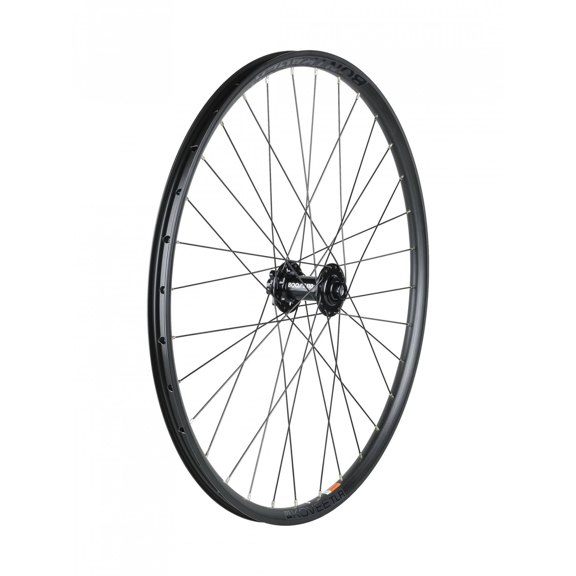 Black Bontrager Kovee TLR Boost 32H 27.5-inch mountain bike front wheel with tubeless-ready design and no cassette.