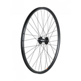 Black Bontrager Kovee TLR Boost 32H 27.5-inch mountain bike front wheel with tubeless-ready design and no cassette.