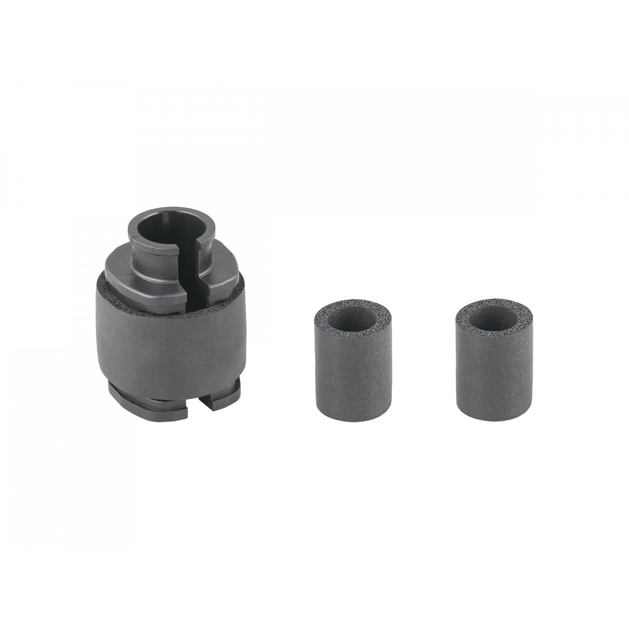 Black Trek Domane+ LT Di2 SM-BTR2 battery holder for e-bike, showing a sleek component designed for secure battery mounting.
