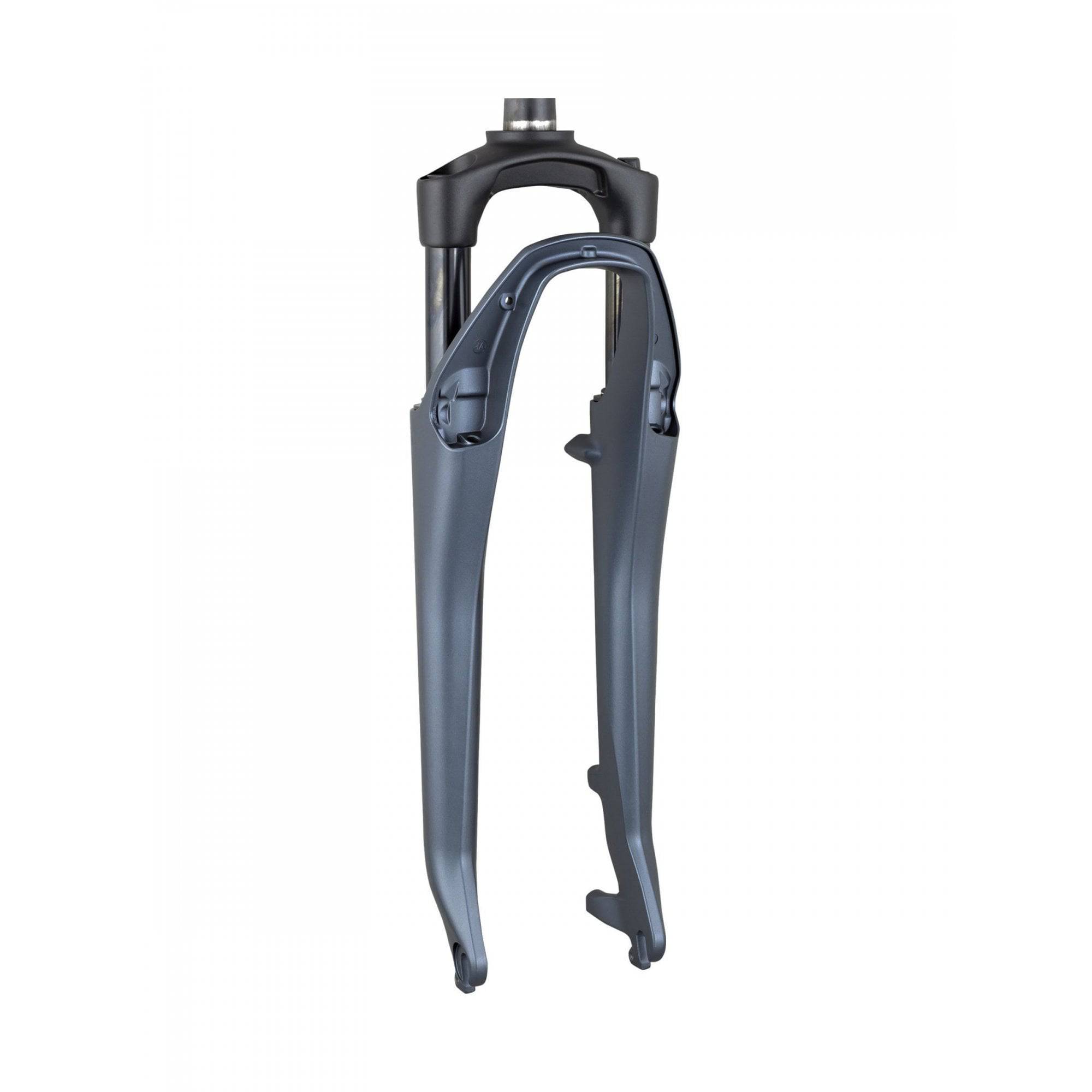 Bontrager District+ 8 700C road bike forks showing the sleek black components designed for precise steering and durability.